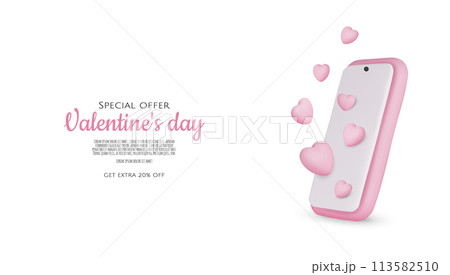 Smartphone with heart. 3D valentine illustration with hearts. Vector illustration 113582510