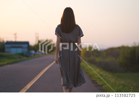 黄昏時に土手道を歩くワンピースを着た女性の後ろ姿 113582725