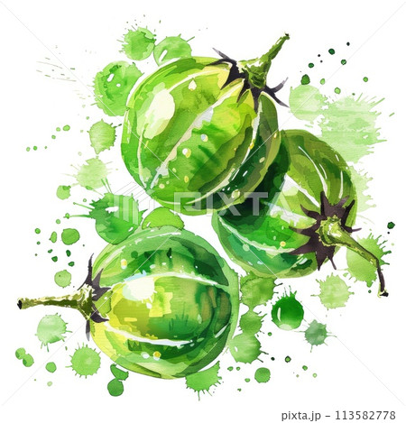 Watercolor art capturing the vibrant essence of gooseberries with energetic green splashes 113582778