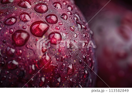 A sumptuous close-up of a cranberry glistens with water droplets A sumptuous close-up of a cranberry glistens with water droplets 113582849