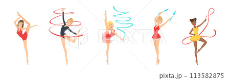 Woman Gymnast with Sport Ribbon Perform Gymnastics Pose Vector Set 113582875