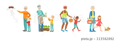 Grandfather and Grandmother Spending Time with Grandchildren Vector Set 113582892