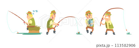 Funny Fisherman Character Fishing with Rod Vector Illustration Set Funny Fisherman Character Fishing with Rod Vector Illustration Set 113582906