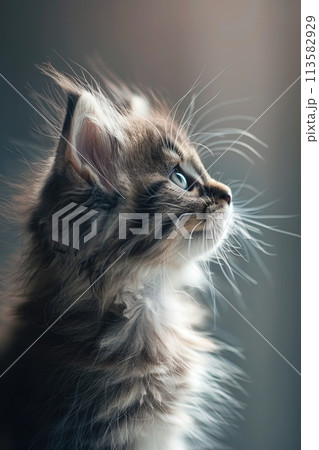 A majestic kitten with long, silken fur gazes upward 113582929