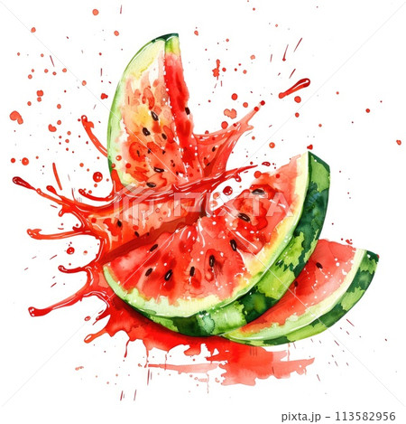 Exuberant watercolor splashes bring to life this vibrant depiction of watermelon slices Exuberant watercolor splashes bring to life this vibrant depiction of watermelon slices 113582956