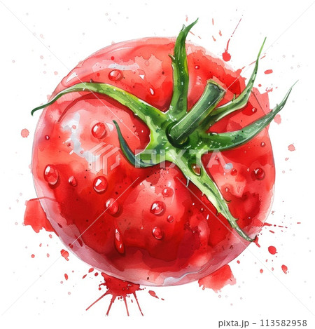 A watercolor tomato comes to life with vibrant reds and lively splashes 113582958