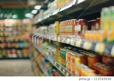 Supermarket Aisles with Colorful Products in Soft Focus Background 113583038