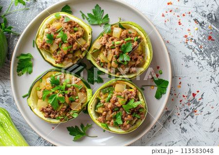Savory stuffed zucchini boats on a dark plate with fresh parsley garnish 113583048