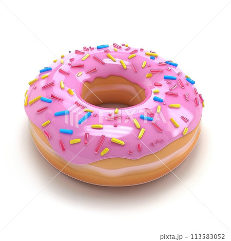 A realistic delicious pink frosted donut topped with colorful sprinkles A realistic delicious pink frosted donut topped with colorful sprinkles 113583052