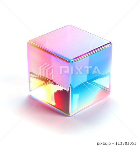A 3D illustration of a holographic cube with a spectrum of iridescent colors A 3D illustration of a holographic cube with a spectrum of iridescent colors 113583053