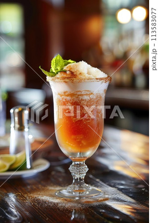 A richly garnished spicy Michelada cocktail with a salted rim 113583077