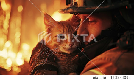 Bond between rescuer and animal amid disaster, as firefighter cradles calm cat, both illuminated by orange light of nearby fire. 113583093