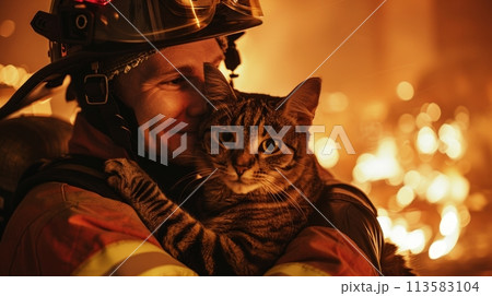firefighter in full gear gently holding striped cat, their faces close together, with warm, fiery glow in background suggesting dramatic rescue scene 113583104