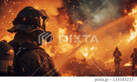 Emergency responders battle. Firefighters stands against fierce structure fire at night, amidst ruins. 113583217