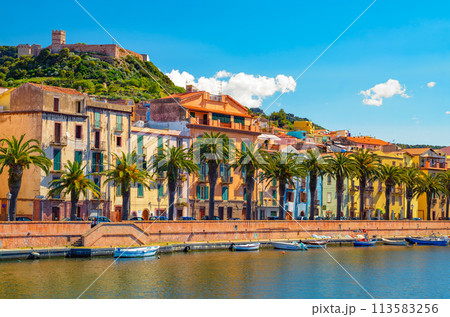 Picturesque view of Bosa town along Temo River in Sardinia, Italy 113583256