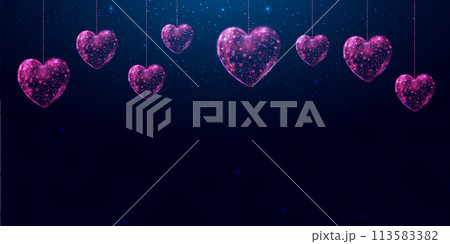 Hanging pink hearts. Saint Valentines day concept with glowing low poly hearts. Futuristic modern abstract. Isolated on dark blue background. Vector illustration. 113583382