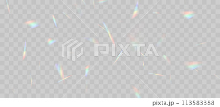 Blurred rainbow refraction overlay effect. Light lens prism effect on transparent background. Holographic reflection, crystal flare leak shadow overlay. Vector abstract illustration. Blurred rainbow refraction overlay effect. Light lens prism effect on transparent background. Holographic reflection, crystal flare leak shadow overlay. Vector abstract illustration. 113583388