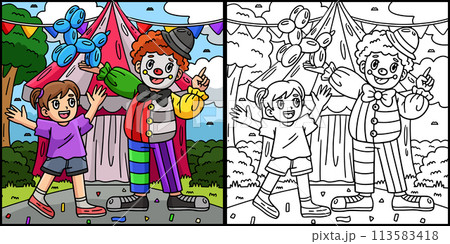 Circus Child and Clown Coloring Page Illustration 113583418