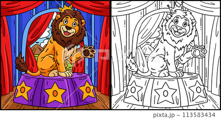 Lion on Circus Podium Coloring Page Illustration 113583434