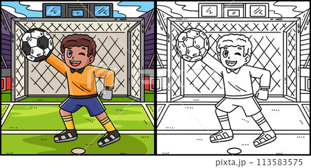 Soccer Boy Goalkeeper Coloring Page Illustration 113583575