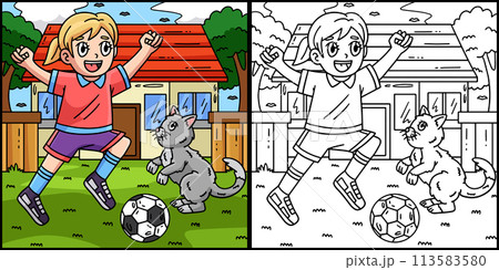 Girl and Cat Playing Soccer Coloring Illustration 113583580