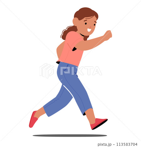 Little Cheerful Girl Running on Playground. Child Character Laugh and Run during Outdoor Games and Activities Little Cheerful Girl Running on Playground. Child Character Laugh and Run during Outdoor Games and Activities 113583704