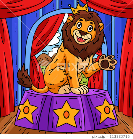 Lion on Circus Podium Colored Cartoon Illustration 113583716