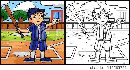 Boy Wearing Baseball Helmet Coloring Illustration Boy Wearing Baseball Helmet Coloring Illustration 113583731