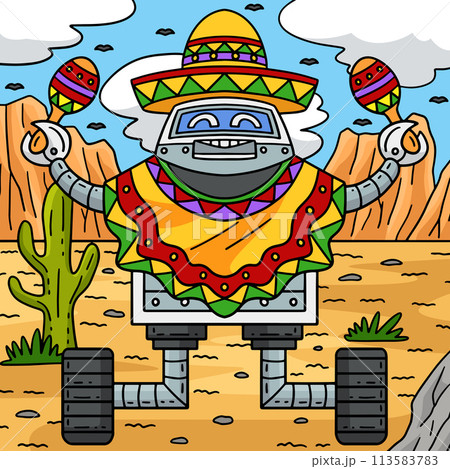 Robot with Poncho and Maracas Colored Cartoon  113583783