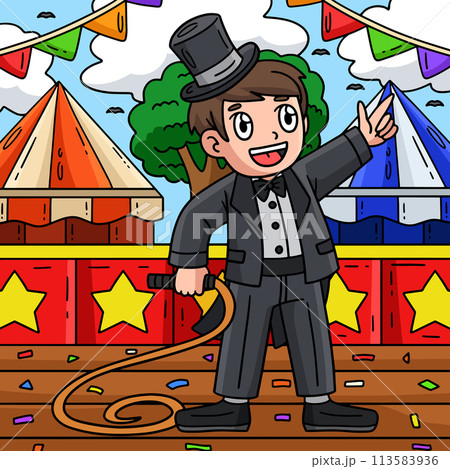 Circus Ring Master with Whip Colored Cartoon Circus Ring Master with Whip Colored Cartoon 113583936