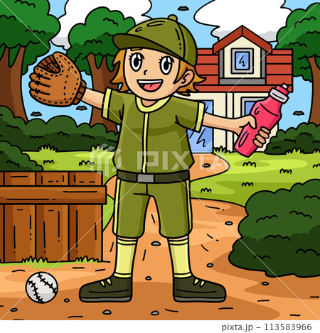 Baseball Girl with a Water Bottle Colored Cartoon Baseball Girl with a Water Bottle Colored Cartoon 113583966