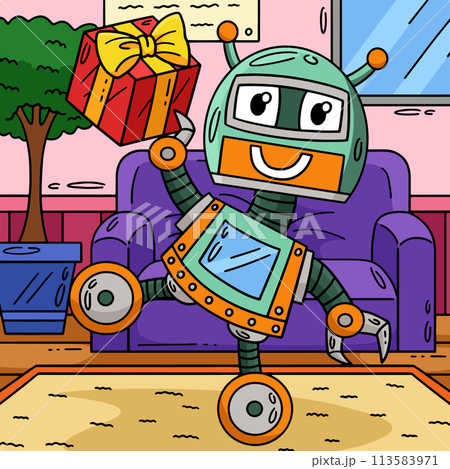 Robot with a Present Colored Cartoon Illustration 113583971
