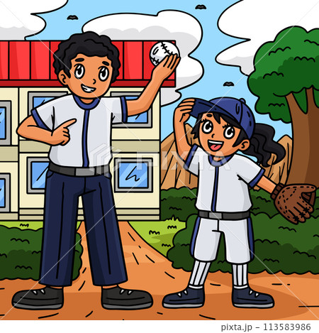 Baseball Girl Player and Parent Colored Cartoon  113583986