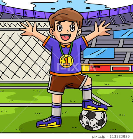 Soccer Boy Wearing a Medal Colored Cartoon 113583989