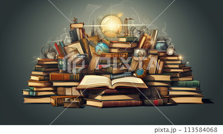 Books and magnifying glass on a wooden table. Vector illustration. Generate AI 113584068