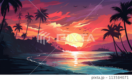 Sunset on the beach with palm trees. Vector Illustration. Generate AI 113584071