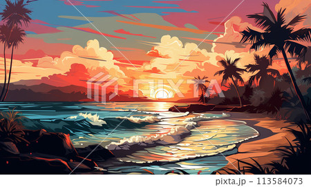 Sunset on the beach with palm trees. Vector Illustration. Generate AI 113584073