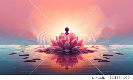 Woman meditating in lotus flower garden with lotus flower background , Generate AI 113584160