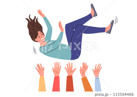 Celebrating and throwing up woman during birthday party or celebration for university students 113584408