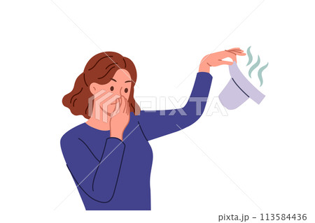 Woman with smelly baby diaper in hand covers nose, feeling disgusting smell caring for child Woman with smelly baby diaper in hand covers nose, feeling disgusting smell caring for child 113584436