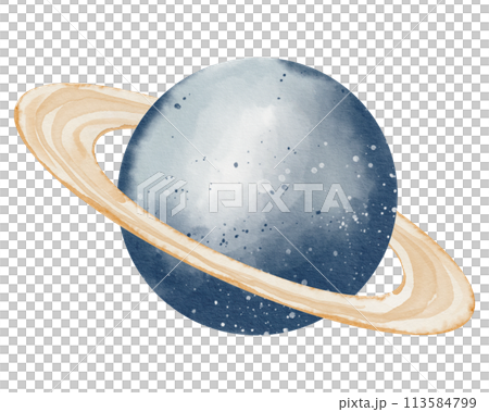 Planet with ring in a Space watercolor illustration. Drawing of Saturn in pastel colors for Baby shower greeting cards or childish birthday invitations. Sketch of galaxy on isolated background. 113584799