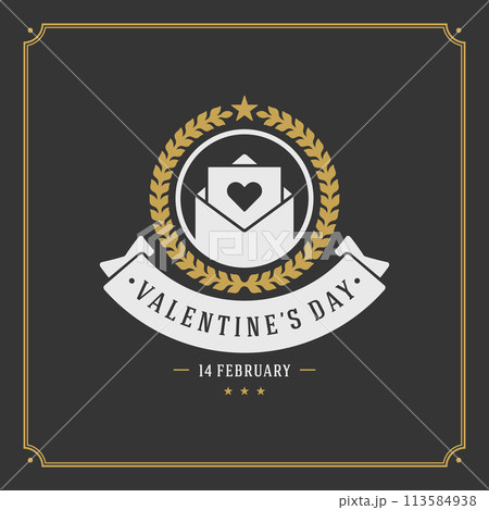 Valentines Day greeting Card or Poster and Heart vector illustration. Retro typographic design golden style on black background 113584938