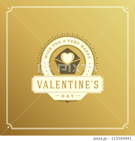 Valentines Day greeting card or poster vector illustration. Retro typographic design and heart shape on golden style background 113584941