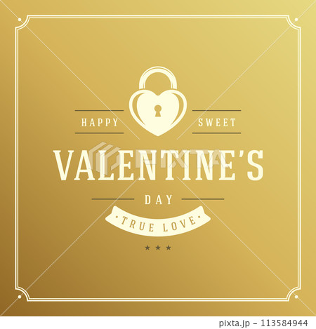 Valentines Day greeting card or poster vector illustration. Retro typographic design and heart shape on golden style background 113584944