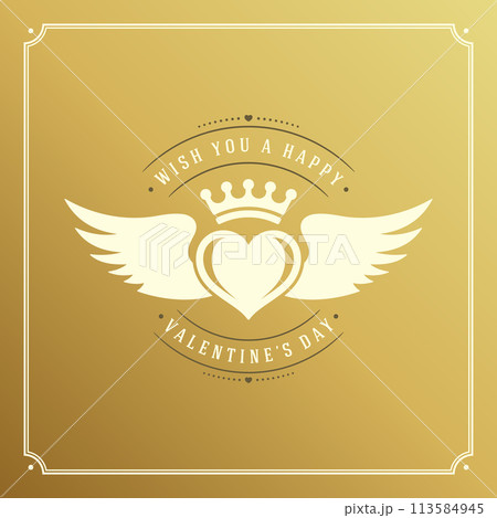 Valentines Day greeting card or poster vector illustration. Retro typographic design and heart shape on golden style background 113584945