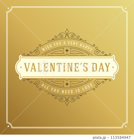 Valentines Day greeting card or poster vector illustration. Retro typographic design and heart shape on golden style background 113584947
