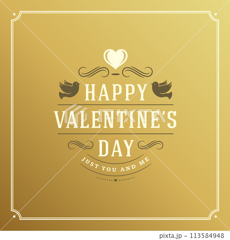 Valentines Day greeting card or poster vector illustration. Retro typographic design and heart shape on golden style background 113584948