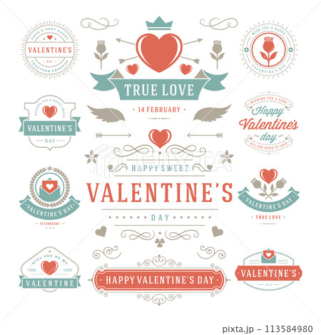 Valentines Day Labels and Cards Set, Heart Icons Symbols, Greetings Cards, Silhouettes 113584980