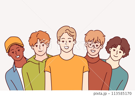 Group of high school guys smile and look at screen, for concept of multi-ethnic society Group of high school guys smile and look at screen, for concept of multi-ethnic society 113585170