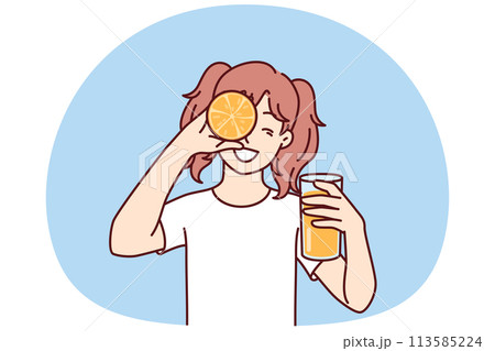Little girl with glass of orange juice in hands smiling holding half of citrus fruit near face Little girl with glass of orange juice in hands smiling holding half of citrus fruit near face 113585224